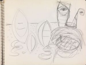  Pencil sketch by Erling Viksjø titled "Mannsfigur og båter på strand" on white paper from a sketchbook, depicting abstract boat shapes on the left and a stylized human figure on the right, with light gray lines and visible spiral notebook binding on the left edge.