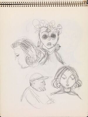  A sketch titled "Figurstudier" by Erling Viksjø on off-white paper featuring four pencil-drawn figures - an elaborate forward-facing female face with styled hair atop, a less detailed left-side profile of a person, a rough profile of a man with a hat below, and a serene-looking female profile with closed eyes on the bottom right.