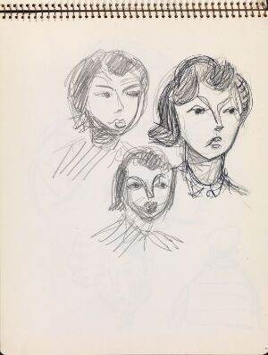  "Tre kvinnehoder" by Erling Viksjø is a monochromatic sketch on paper that features three stylized female heads drawn with pencil and pen, exhibiting various poses and degrees of detail, against the neutral color of the paper.