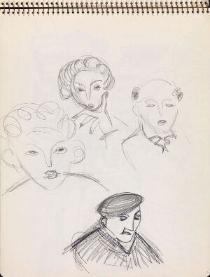  "To kvinnehoder og to mannshoder," a black and white sketch by artist Erling Viksjø, depicting two women's heads with wavy hairstyles and two men's heads, one with