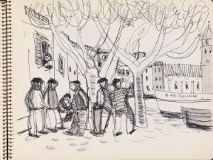  A black and white pen and pencil sketch by Erling Viksjø titled "Havnescene" showing a group of seven people mingling by a harbor, with leafless trees, European-style buildings, and the edge of a boat visible in the background on paper.