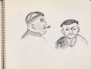  "To mannshoder" by Erling Viksjø, a monochromatic sketch of two male heads in profile executed with pencil and pen on paper, featuring detailed facial expressions and stylistic garment texture.