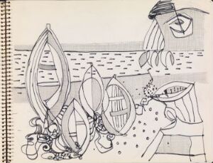  Monochromatic artistic sketch titled "Strand med båter" by Erling Viksjø, depicting a whimsical beach scene with stylized boats in various playful shapes using pencil and pen on paper.