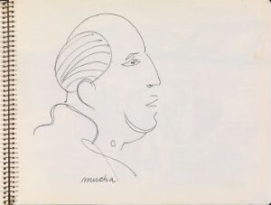  A monochromatic pen drawing by Erling Viksjø titled "Mannsportrett" on pale paper depicting a minimalistic profile of a man with combed-back hair, a prominent nose, and a slightly parted mouth, focusing on clean, confident lines without shading.