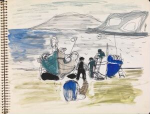  Pen and watercolor depiction on paper titled "Menn klargjør båtene for fiske" by Erling Viksjø, showing several figures preparing boats and nets for fishing, with abstract coastal hills in the background, within a spiral-bound sketchbook.