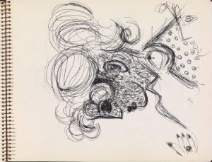  A monochromatic pen sketch titled "Kvinnehode" by Erling Viksjø on a spiral-bound sheet of paper, featuring an abstract and expressionistic representation of a woman's head with flowing hair and whimsical facial features, alongside playful shapes including a polka-dotted party hat.