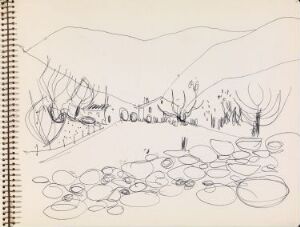  A black and white sketch by artist Erling Viksjø titled "Hus med fjellandskap," featuring a scenic mountain landscape with a house. The image is composed of monochromatic pen lines depicting hills in the background, a centrally placed house outlined with geometric shapes, and a foreground filled with variously sized circular forms suggesting rocks or boulders.