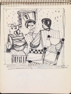  A black and white pen sketch by Erling Viksjø titled "Tre figurer og en stol" displaying three abstract figures interactively positioned with a chair featuring a checkered pattern on