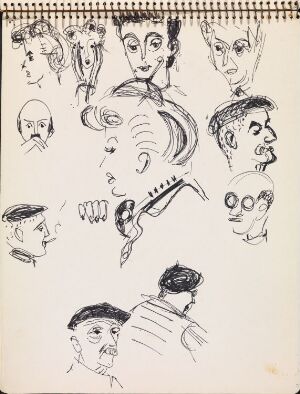  "Figurstudie" by Erling Viksjø, a black ink pen sketch on paper featuring a variety of faces with different expressions and features; some sketches are detailed, while others are quick, abstracted representations.