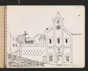  Monochromatic pen drawing on paper titled "Korsfestelse" by Erling Viksjø depicting a church and surrounding buildings with a cobbled street in the foreground, executed with fine lines and hatching to create texture and depth on light tan paper.