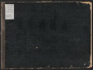  An old, worn sketchbook titled "Skissebok VIII" with a dark black coat that appears faded and scuffed at the edges, displaying significant signs of wear, and with an informational label in the top left corner.