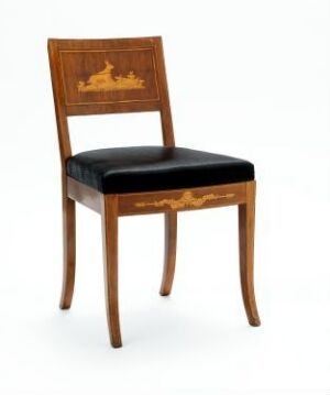  A classic-style wooden chair with a glossy black seat and intricate golden marquetry on the backrest, set against a white background.