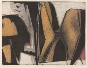  "Granitt I" by Inger Sitter, an abstract etching with aquatint on wove paper, featuring intertwined geometric forms in shades of brown, ochre, and gray with highlights of pale red, evocative of natural stone and earthy elements.