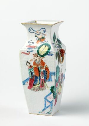  A glossy, tapered vase with vibrant red, green, blue, and white East Asian-inspired decorative artwork depicting human figures and floral designs. The vase is set against a neutral light gray background.