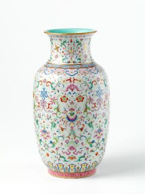  A vase with a bulbous body and flared mouth, featuring an intricate and colorful floral and geometric design on a pastel turquoise background, with a solid pinkish base, displayed against a white background.