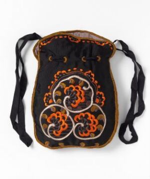  A black handheld bag with vibrant orange and yellow embroidery featuring symmetrical floral swirl patterns, a drawstring closure, and a shoulder strap, displayed against a neutral background.