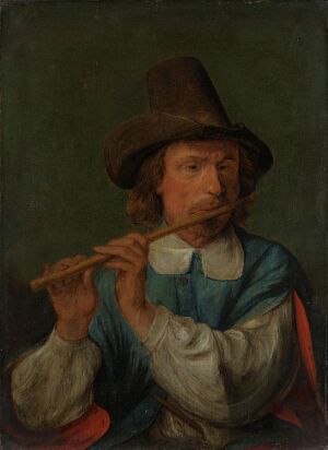  "Flute Player" by David Teniers (II), an oil painting on wood plate depicting a male figure in 17th-century attire playing a wooden flute. He wears a blue shirt with a multi-colored cloak and a wide-brimmed hat against a dark green background.