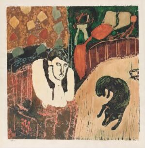  "Mourning" by Johs Rian, a hand-colored woodcut print on paper featuring a somber woman with black hair and a white dress beside a dark, curled figure against an abstract, colorful background with patterns in red, green, and yellow.