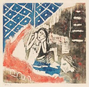  "Likferdsklokkene ringer," a color woodcut print on paper by Johs Rian, featuring an emotional central figure surrounded by intense blue patterns in the top left, a flame-like red shape to the right, and a dark landscape silhouette at the bottom, with additional abstract shapes and textures, all rendered in a graphic style suggesting distress or mourning.