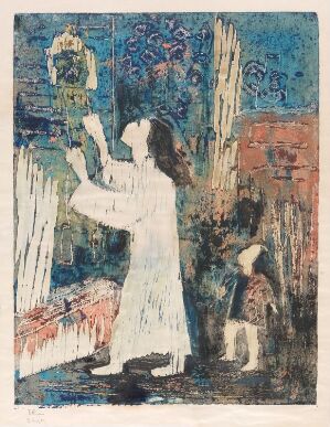  "Midnatt (klokken 12)" by Johs Rian, a colored woodcut on paper, depicting a mystical scene with a woman in white reaching upwards toward a clock at midnight, accompanied by a shadowy child figure, set against an abstract background of night-time blues and purples interwoven with urban and natural elements.