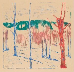  "Snølandskap med furustammer," a color woodcut print by Johs Rian, depicting a stylized winter forest scene with two main tree trunks in bright red and blue amidst slender trees in muted greens and blues on an off-white textured paper, creating a vibrant, abstracted snowy landscape.