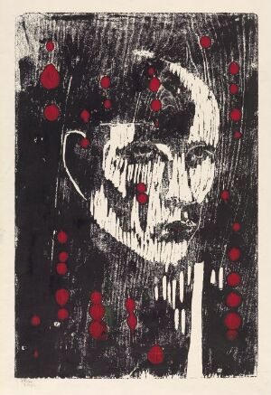  "Self Portrait" by Johs Rian is a colored woodcut on paper featuring an abstracted face mostly in black and white, with red dots and smudges creating contrast, conveying a contemplative and emotional expression.
