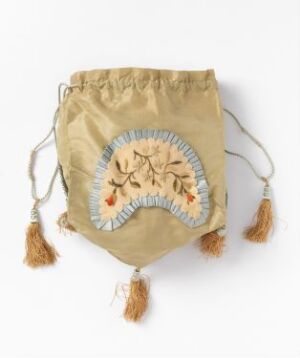  A small beige drawstring bag with olive green, burnt orange, and brown autumnal leaf embroidery and light blue scalloped edge detail, finished with three golden tassels at the bottom.