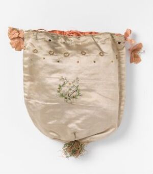  An antique handcrafted silk pouch titled "Erindring" by an unidentified artist, featuring handwoven satin silk embroidered with colored threads, metallic sequins, and gold-colored thread. The fabric is likely a light beige or champagne hue, and the pouch includes silk ribbons in a plain weave, with a similar silk lining.