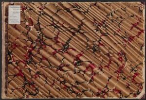  "Skissebok XIV" by an unknown artist, showing an image of an abstract and textured artwork on paper, with earthy browns interlaced with splashes of crimson and red, resembling a topographical or rippled sand-like surface.