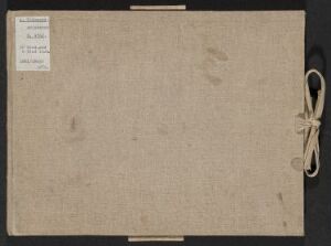  A closed sketchbook titled "Skissebok XV" with a beige, textured cover resembling canvas and a pair of tied light-colored strings on the right. A white label with printed text is on the top left of the cover, against a darker, neutral background. The artist's name is unknown.