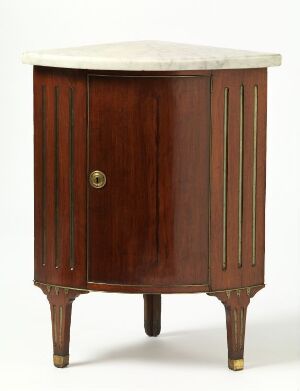  An antique-style wooden cabinet with a light marble top and a rich reddish-brown finish, featuring tapered legs with metal caps and a single door with vertical slats and a brass knob.