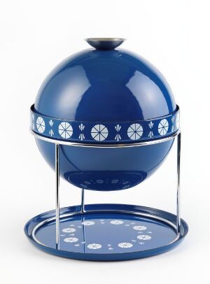  Enameled steel serving item by Grete Prytz Kittelsen, featuring a deep cobalt blue color with a white decorative band under the dome-shaped cover, supported by a fork chromed steel stand above a matching blue circular tray.