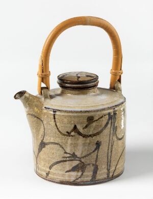  A ceramic teapot with an abstract design on a cream-colored background, featuring a wooden handle and a snug-fitting lid.