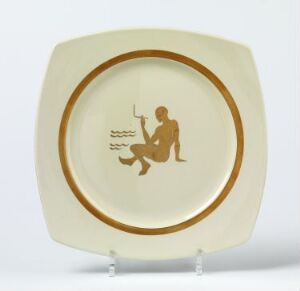  A square flintware plate with rounded corners, titled "Lux emalje" by Egersunds Fayancefabrik, featuring a warm off-white and caramel color scheme with a stencil-painted and hand-painted design of a seated figure holding a long object, possibly a fishing rod, with wavy lines indicating water. The plate is displayed on a stand against a neutral background.