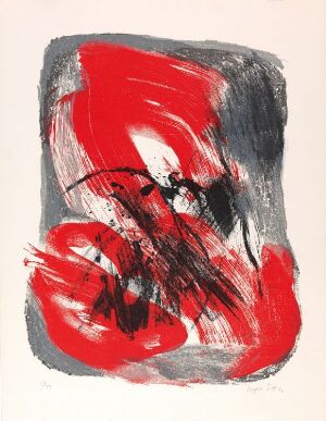  Abstract lithograph titled "Uten tittel" by Inger Sitter featuring a dynamic crimson red form with energetic streaks and splatters against a background of broad slate gray brushstrokes. The red is intense and full of movement, contrasting against the gray that both supports and retreats, with the white paper border providing a crisp frame to the composition.