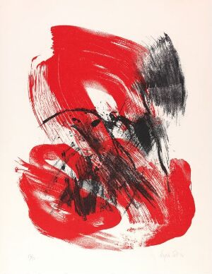  A color lithograph on paper entitled "Uten tittel" by Inger Sitter featuring an abstract composition with bold red brushstrokes and a central, dense black mark, set against a white background, conveying a sense of dynamic motion and raw emotion.