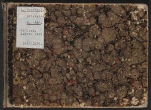  Image of an old and weathered sketchbook titled "Skissebok XVII" with a dark brown and black mottled cover featuring lighter brown speckles, displaying signs of heavy wear and possible ink stains, with an affixed label containing text on the upper part of the cover.