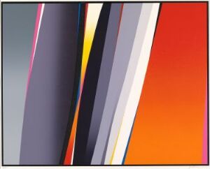  "Schuss" by Gunnar S. Gundersen, a fine art screen print on paper with angular and curvilinear lines in shades of grey, pink, navy, yellow, and orange, converging at a point with a strong presence of white and accented by black, creating a dynamic, abstract composition.