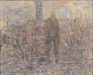  "Vårbilde," an oil, collage, and pencil on canvas by artist Håkon Bleken, featuring a translucent figure amidst a muted, earth-toned landscape with faint cityscape outlines and tree-like forms conveying a spring awakening.