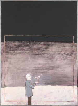  "Mann med fugl i handa," a minimalist painting by Johanne Marie Hansen-Krone depicting a stylized figure in light-colored clothing holding out their arm, on which a bird rests, set against a textured background of earthy browns and grays divided by a stark lighter space at the top, painted on canvas using PVA.