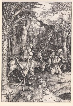  "The Flight into Egypt" from "The Life of the Virgin" by Albrecht Dürer; a woodcut print showing the Virgin Mary on a donkey with baby Jesus and Saint Joseph, set against a dense backdrop of trees, foliage, and a distant bridge, capturing the family's journey in intricate black and white detail.