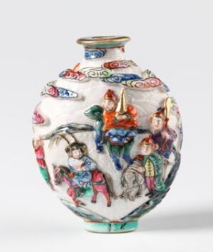  Porcelain vase with a white background and colorful, detailed scenes depicting mythical or historical figures in various dynamic poses, highlighted by floral and geometric patterns along the edges.