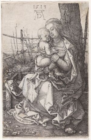  "Virgin and Child" by Albrecht Dürer, a copper engraving on paper from 1512, showing the serene Virgin Mary seated with the Christ Child on her lap, both surrounded by an intricate landscape with a large tree and distant foliage, rendered in monochromatic shades of gray.