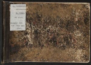  An aged, textured sketchbook titled "Skissebok XIX" with a white label on the top left, set against a dark background. The cover shows varying shades of brown with signs of wear, suggesting historical significance.