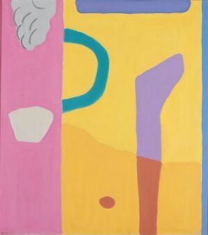  Abstract painting titled "Nattens brød" by artist Johs Rian, featuring geometric shapes in pastel and bold colors such as light pink, lavender, sandy yellow, baby blue, teal, violet, and deep purple, with abstract forms suggesting organic matter on a canvas.