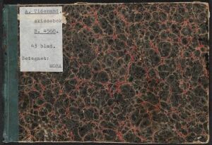  An old, well-worn sketchbook titled "Skissebok XXI" with a marbled red, black, and olive green cover featuring a complex web-like design. There's a label on the front and the spine is a faded dark blue or green, showing signs of wear. The artist name and title are unknown.