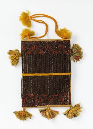  A decorative beaded bag with a dark fabric adorned with vertical lines of red, brown, and gold beads, featuring a golden horizontal band, matching tassels on each corner, and a loop handle. Artist name and title unknown.