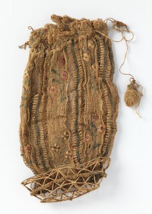  Antique fabric pouch with cinch top, featuring earthy beige, brown, red, and yellow colors, and a dense, textured pattern of vertical tube-shaped weavings. The bottom end is stabilized with a woven wooden lattice framework, and the pouch has a small, attached secondary pouch or tassel.