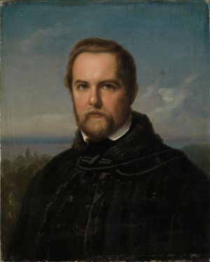  The oil painting "Maleren professor Johann Wilhelm Schirmer" depicts a serious-looking man with a full beard and mustache, wearing a dark coat with a high collar. Set against a background that resembles a landscape under a blue sky, the man's contemplative gaze is directed straight at the viewer, conveying a sense of direct engagement. The colors are muted and realistic, with a focus on earth tones for the man and softer blues and greens