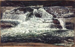  "Stormy Waterfall," an oil on paper painting by artist Knud Baade, displaying a lively scene of a waterfall crashing over brown and moss-covered rocks with frothy white and grey water, creating a natural depiction of the power of moving water.